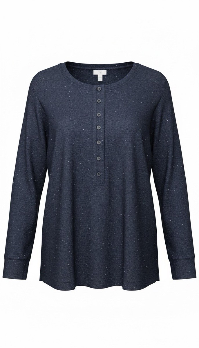 J. Jill Women’s Blue Speckled Cotton Knit Henley Top Long Sleeve Button S