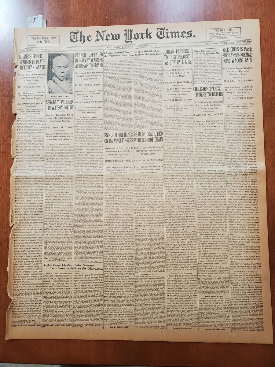 1921 NOVEMBER 5 NEW YORK TIMES - JAPANESE PREMIER STABBED TO