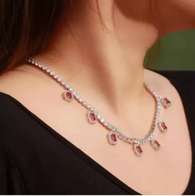 21Ct Round-Square Cut Red Ruby Diamond Tennis Necklace 14K White Gold Plated 16" - Image 2 of 4