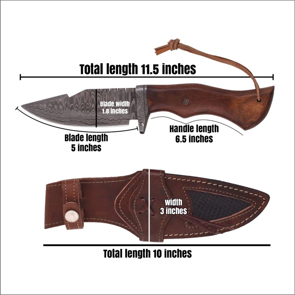 Cuchillo de caza Bowie de acero Damasco hecho a mano personalizado mango de madera rosa con fundas Foto 2 de 3