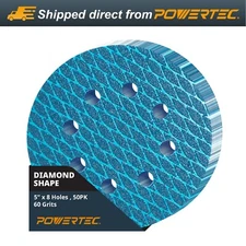 POWERTEC 5 Inch 8-Hole Hook and Loop Diamond Shaped Sanding Discs, 50PK, 60 Grit
