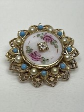 Gold Tone Faux Pearl Rhinestone Enamel Flower Brooch