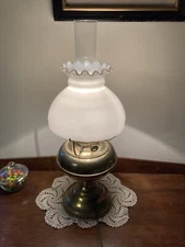 Electrified Antique Brass Oil Lamp, Milk Glass Shade