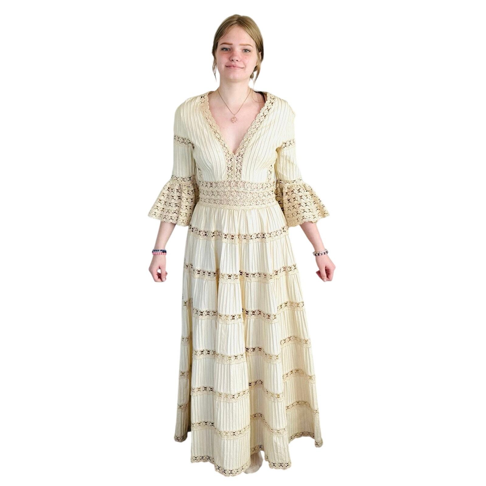 Vintage 70s Ivory Frances Heffernan Regency Victorian Maxi Dress