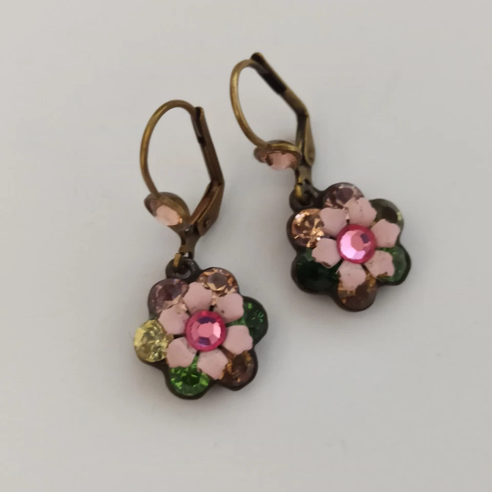 Pendientes Michal Negrin Coloridos Cristal Flor Gota Rosa Verde Firmados De Colección Foto 4 de 4