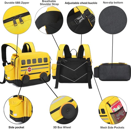 Preschool Kids Backpack for Boys Girls Bookbags 3D School Bus Daycare Toddler Ba - Picture 3 of 7