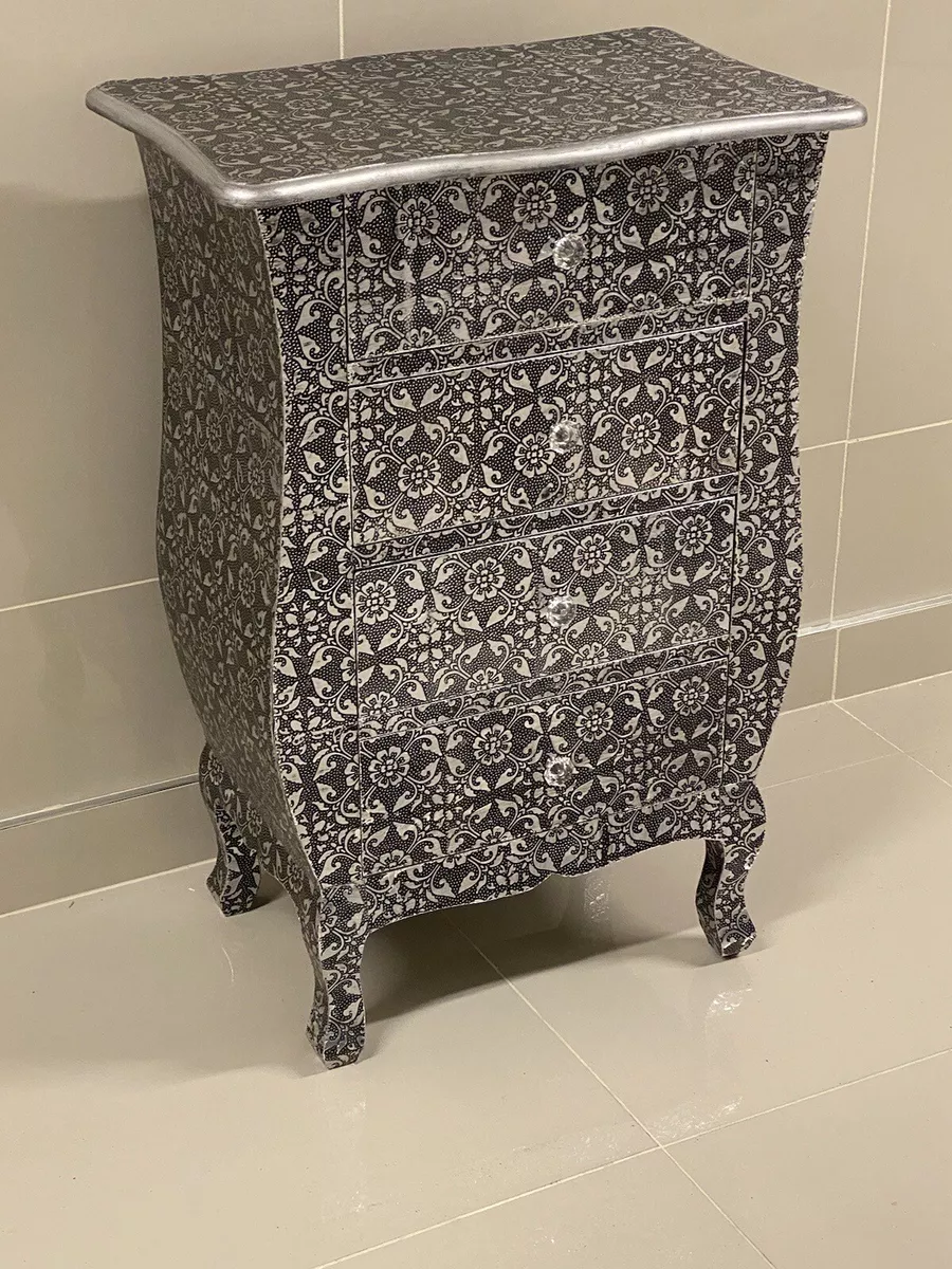 2 x Blackened Silver Metal Embossed Chest Of 4 Drawer Bedside Lamp Side Table