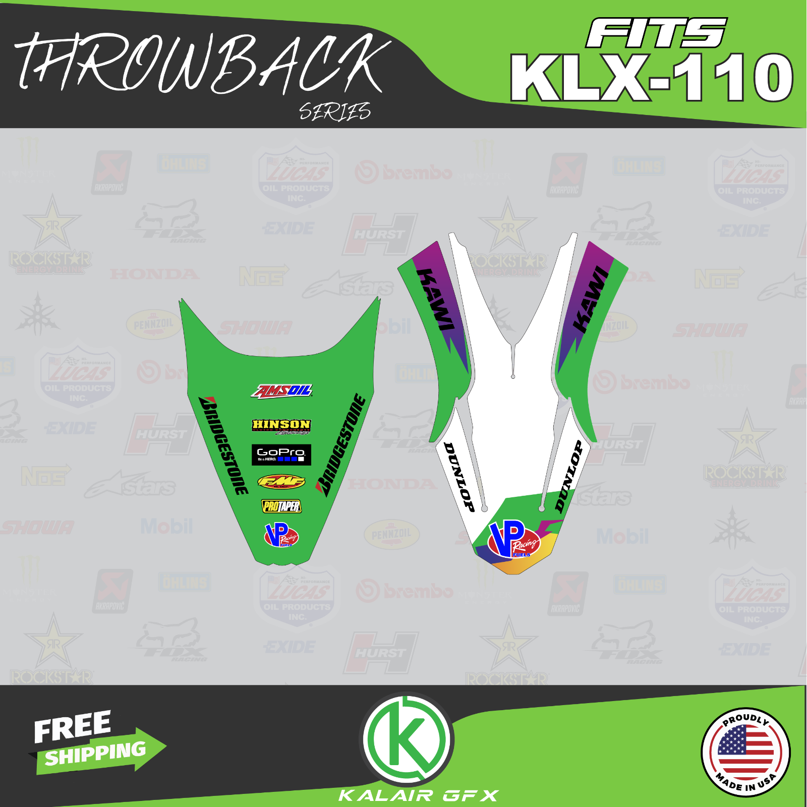 Graphics Kit for Kawasaki KLX110 KLX110R/RL (2010-2023) Throwback
