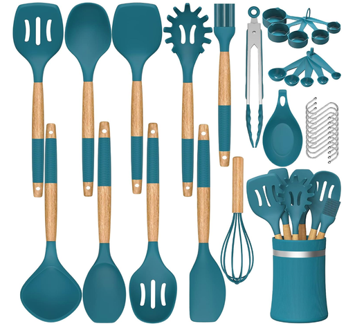 33Pcs Silicone Kitchen Utensils Set – Heat Resistant Cooking Tools with Wooden