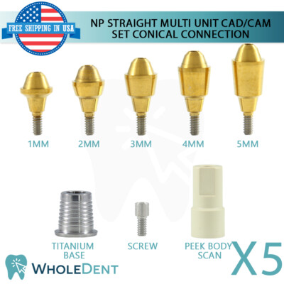 5 NP Conical Connection Straight Multi Unit 1.6mm Scan Body Titanium Base Set