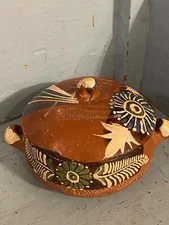 Vintage Old Mexico Red Clay Covered Pot Tlaquepaque Mexican Folk Art Bowl Dish
