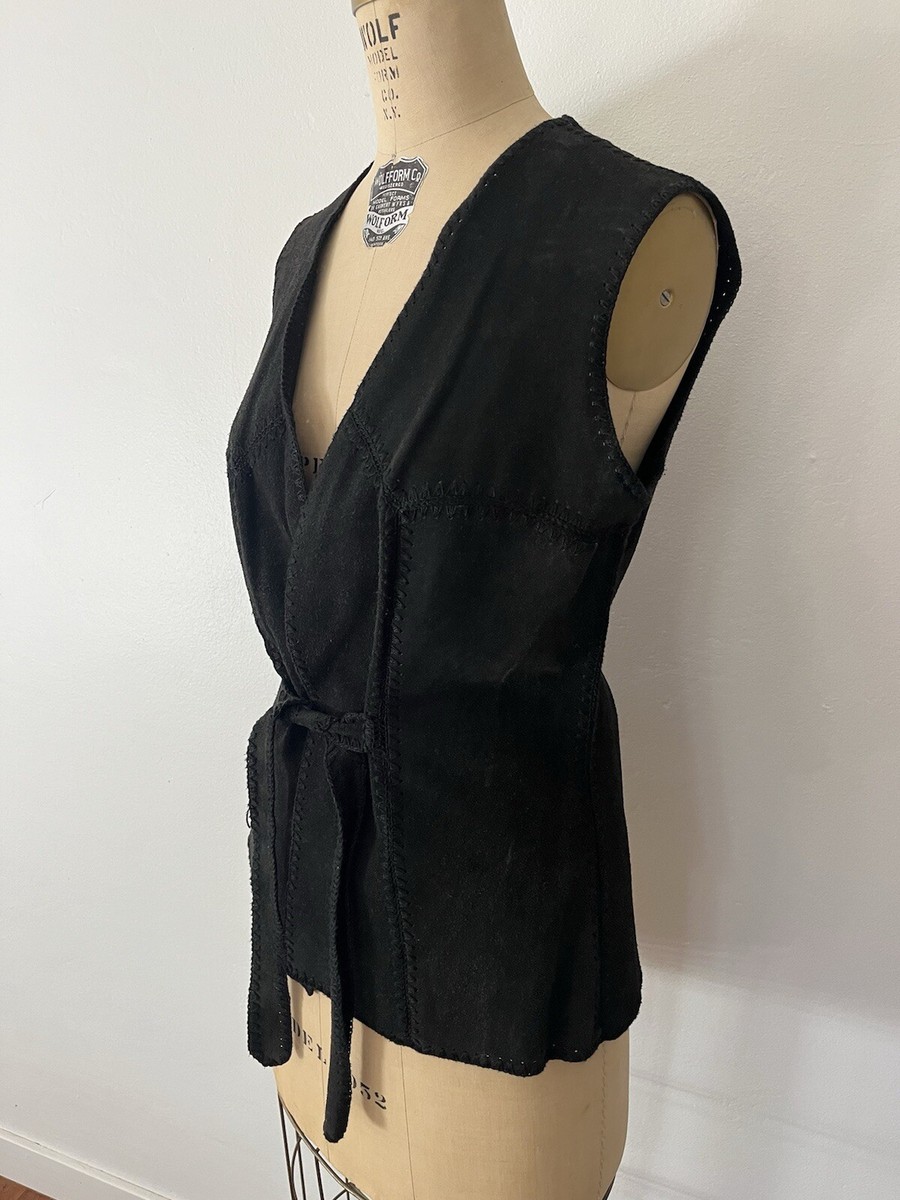 Vintage 1970's Black Suede Vest Front Tie Crochet Detail By Pueblo