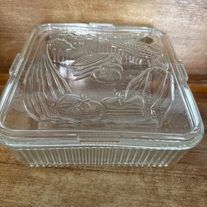 VTG Lg Federal Glass Square Ribbed Refrigerator Dish Embossed Vegetables Lid