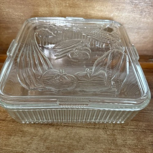VTG Lg Federal Glass Square Ribbed Refrigerator Dish Embossed Vegetables Lid