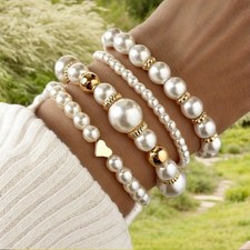 4pcs Women's Fashion White Artificial Pearl Bead Bracelet Set Jewelry Accessorie