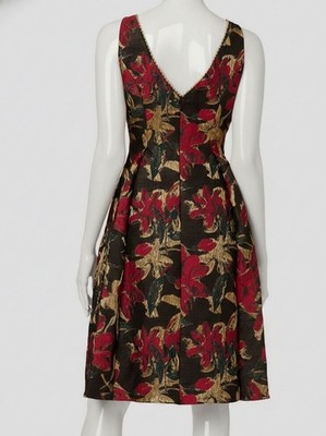 Floral Jacquard Fit And Flare Dress In Black Red