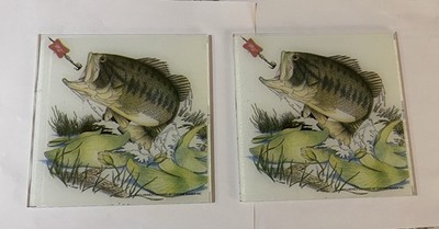 Vintage Bass Fishing Glass Tile Pair 6x6 Miller Beer Lure Cabin Lake Decor