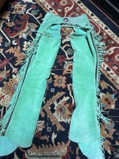 Suede Chaps SILVER Riding Western Green Leather Fringe  Vintage