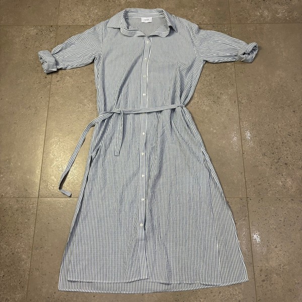 Légoe Heritage Shirt Dress Women's Size 0 Blue Striped Button Down Belted Midi