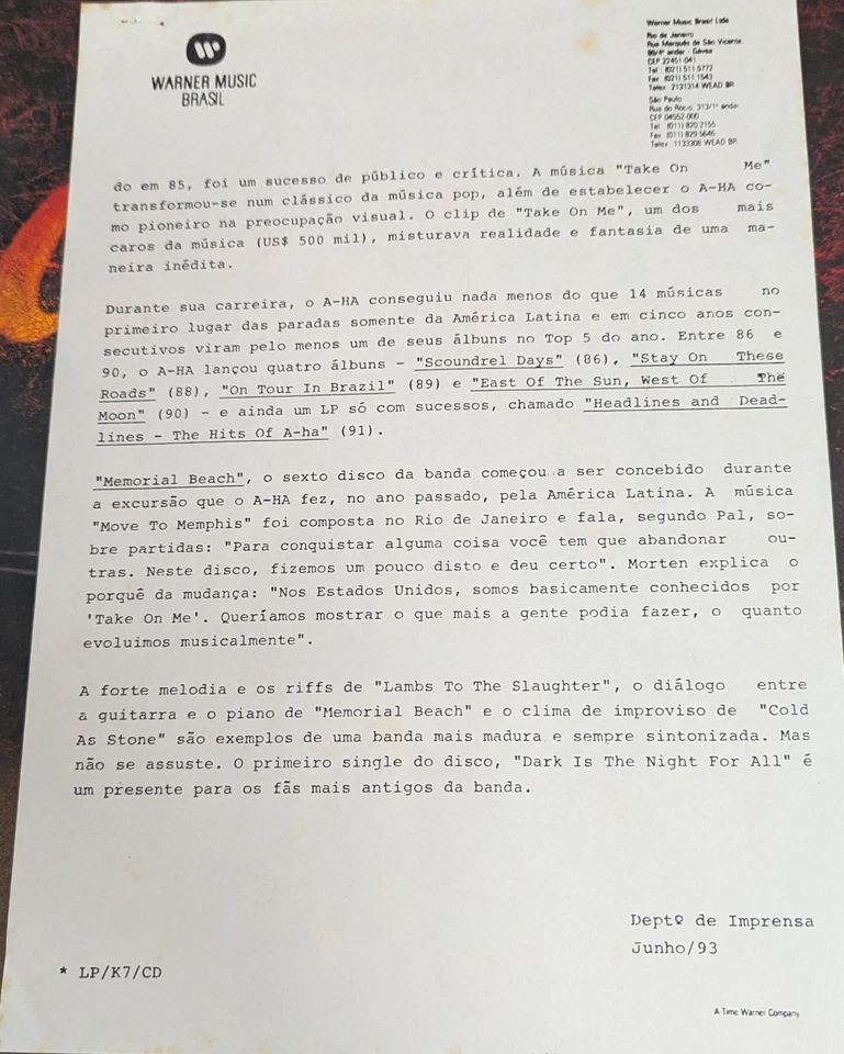 A-Ha - Memorial Beach BRAZIL 1st press PROMO Lp 1993 - Image 4 of 4