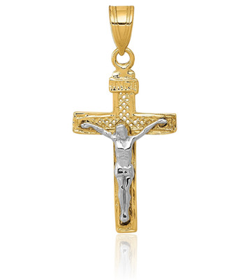 14K Solid Two Tone Gold Large Cross Crucifix Pendant Necklace 28mm 1.1 inch