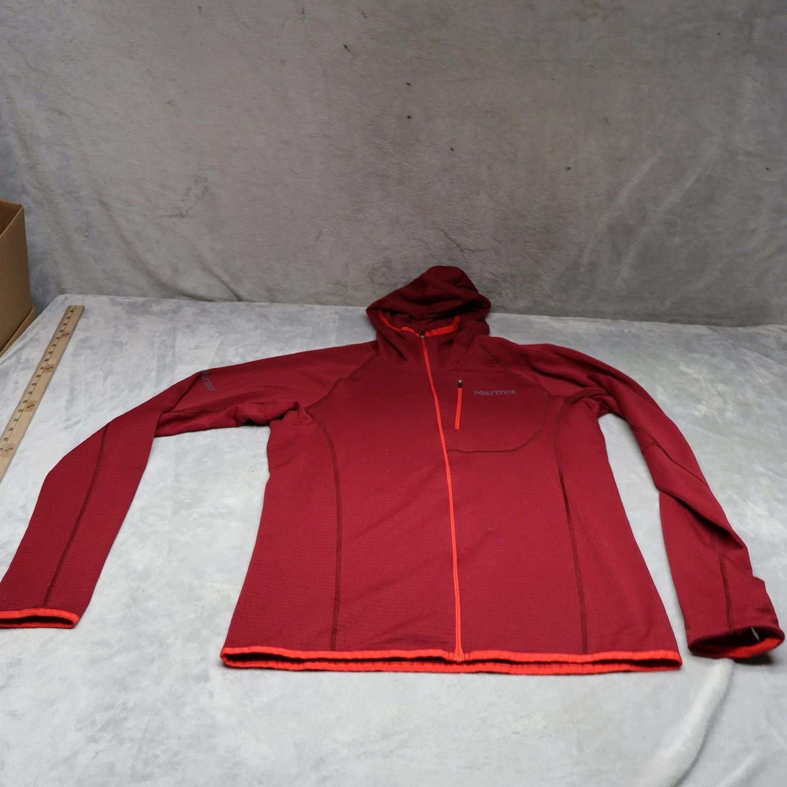 Marmot Hoodie Men Large Red Polartec Waffle Fleece Full Zip Thumbhole Base Layer