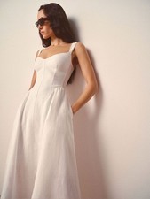 NWOT Reformation White Birdie Linen Dress , Sweetheart Midi Dress with Pockets,4