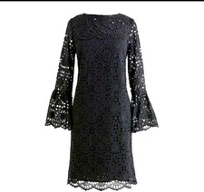 J CREW Black Embroidered Eyelet Bell Sleeve Shift Dress Size 4 Dark Fairy Boho
