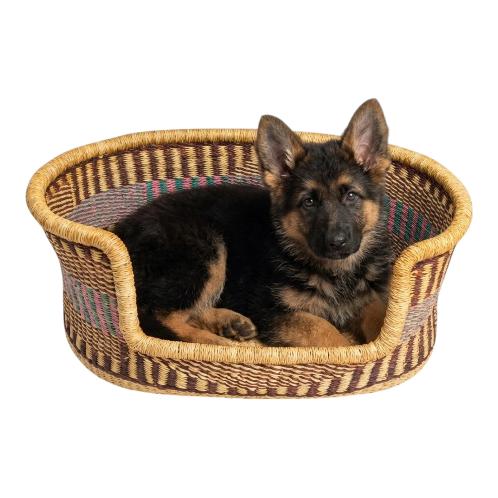 Bolga Dog Bed Basket Woven Elephant Grass Teal Pink Earth Tone Patterned Large