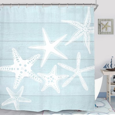 Beach Starfish Shower Curtain Set 60Wx71H Inches Seafoam Wooden Wood Rustic C...