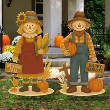 2 Pcs Fall Metal Scarecrow Yard Decoration Thanksgiving Garden Metal Stakes A...