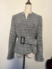 Chic Black and White Tweed Belted Women's Blazer Jacket