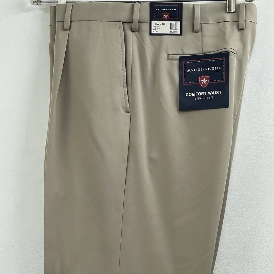 Saddlebred 男式羊皮纸打褶前舒适腰休闲裤尺寸 38x32 全新 — 第 2/4 张图片
