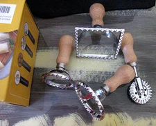 PASTA   Set of 3 & RAVIOLI Stamp Maker Cutter-all with Wood Handles- Italian Way