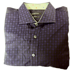 Men  s Bugatchi Shaped Fit Dress Shirt Navy Check 100 Cotton   Fits Like L