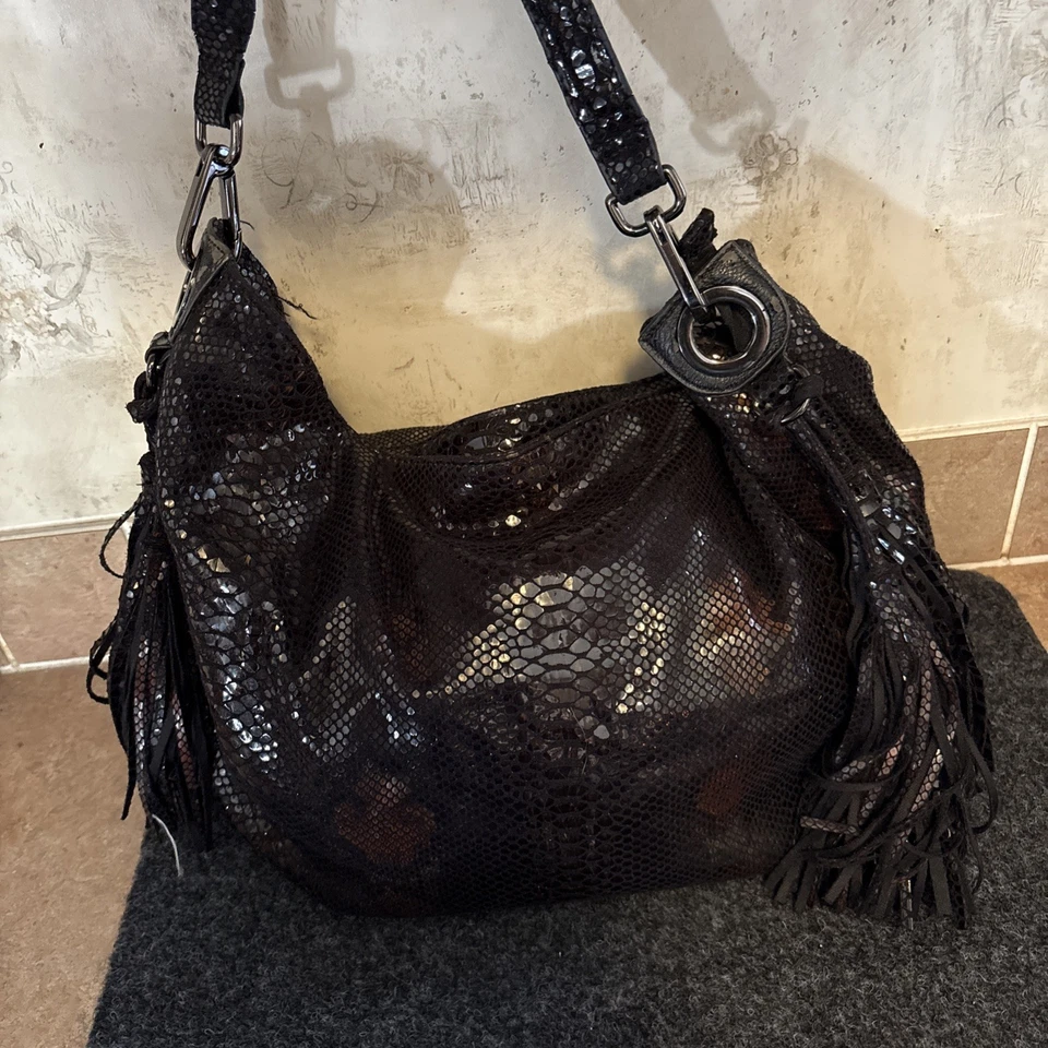 sondra roberts squared purse Black shiny snake skin fringe Boho Slouchy Bag - Image 2 of 4