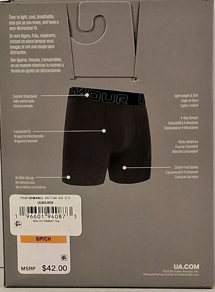 UA Performance 棉 6 英寸平角内裤 3 件装小号,午夜海军蓝/钢/皇家 — 第 4/4 张图片