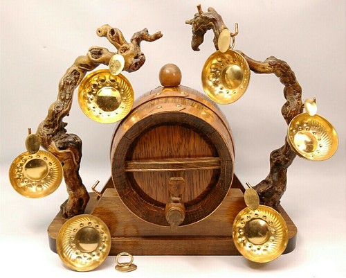 VINTAGE 1955 PHILIPPE FOULON OAK & COPPER WINE CASK W/ GRAPE VINES TASTING CUPS
