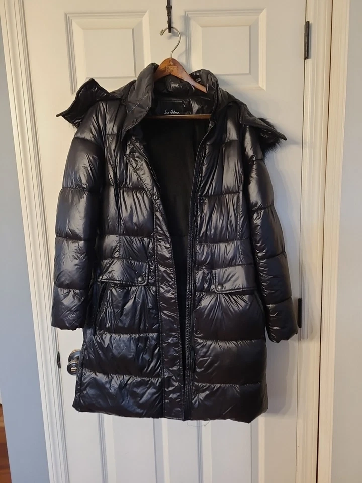 Sam Edelman Belted Faux Fur Detail Hooded Slick Puffer Coat Loden Sz Medium  - Image 2 of 4