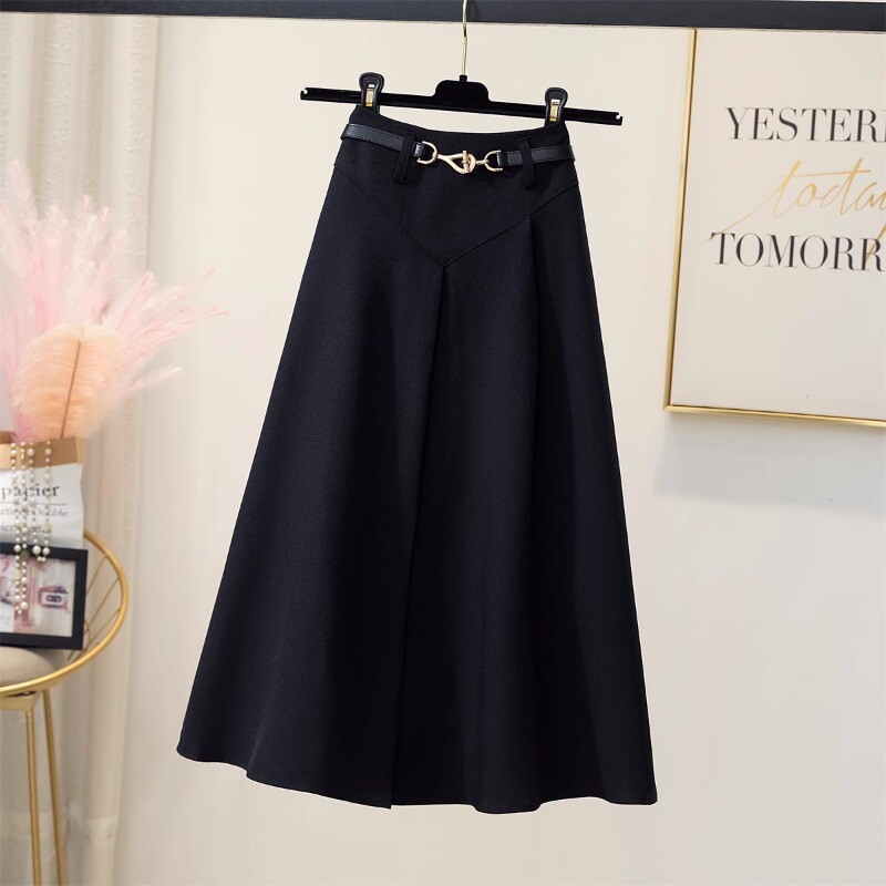 Lady Pleated Skirt Belted A-Line Midi Skirts High Waist Half Dress