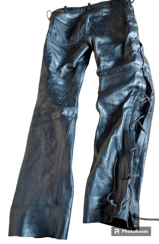 ECHTES LEDER Vintage Biker schwarz Leder Herren Motorrad Schnürhose W 30" - Bild 7 von 22