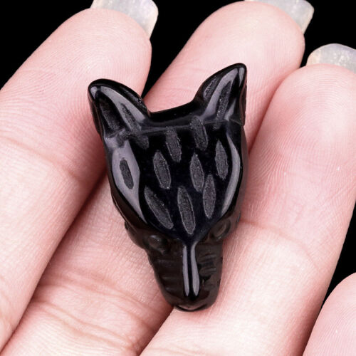 2pcs 1in Natural Obsidian Stone Carved Animal Wolf's Head Ornament Reiki Healing