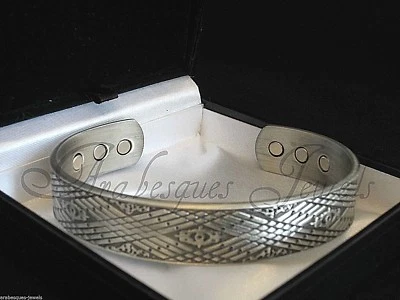 TOP QUALITY MENS M/L TRIBAL MAGNETIC HEALTH COPPER BANGLE/BRACELET SILVER AJMB