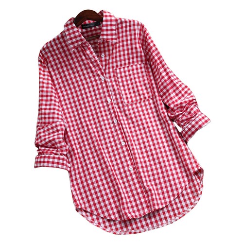 Women Cotton Check Striped Tops Shirt Ladies Summer Button Loose Blouse T-shirt - Picture 13 of 14