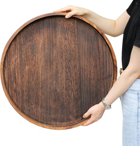 Classic 24" Round Wooden Tray - Rustic Ottoman Serving Tray for Versatile Use - Picture 5 of 9