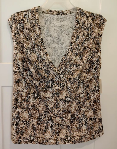 Shirt womens PLUS Size 1X (16-18) sleeveless overlap v-style Brown animal print
