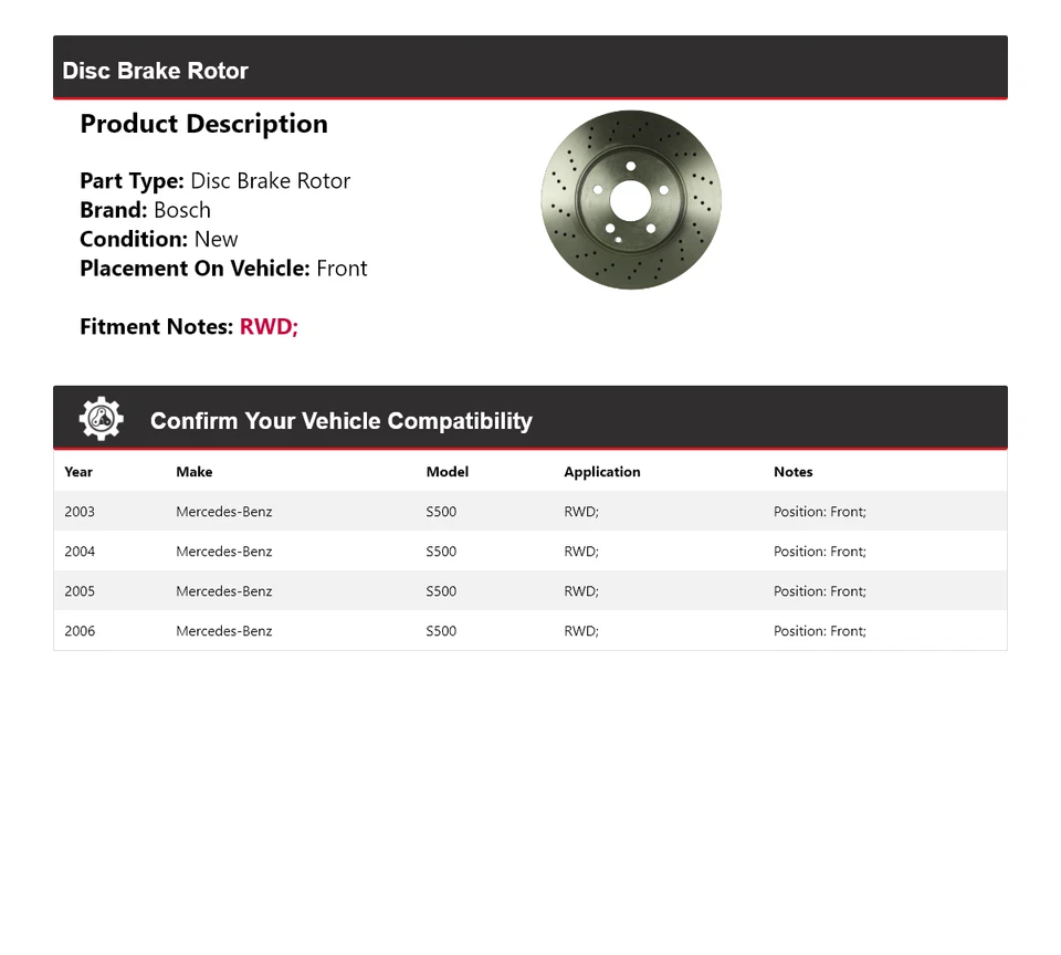 Rotor de freno de disco delantero para Mercedes S500 2003-2006 tracción trasera Bosch QuietCast 2004 2005 Foto 2 de 4