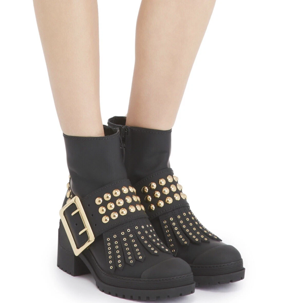 Burberry — NEW BURBERRY WHITCHESTER BLACK LEATHER FRINGE GOLD STUDDED BELTED BOOTS 39.5!!