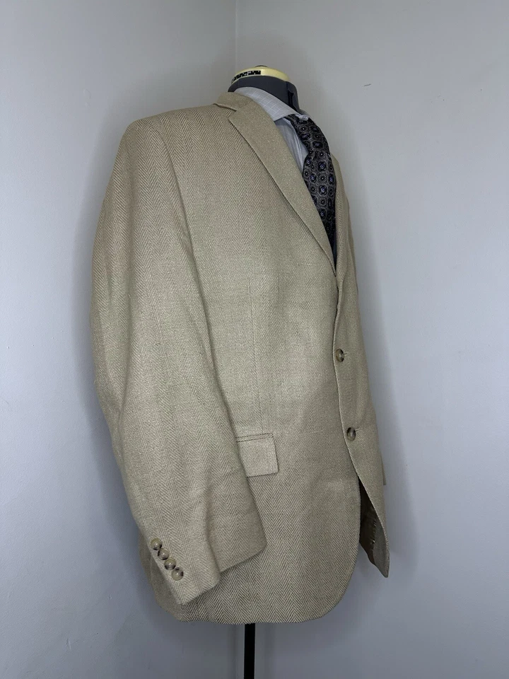 Mens Sport Coat Blazer Suit Jacket 45R 49" Beige Tan Herringbone 3 Button Silk - Image 4 of 4