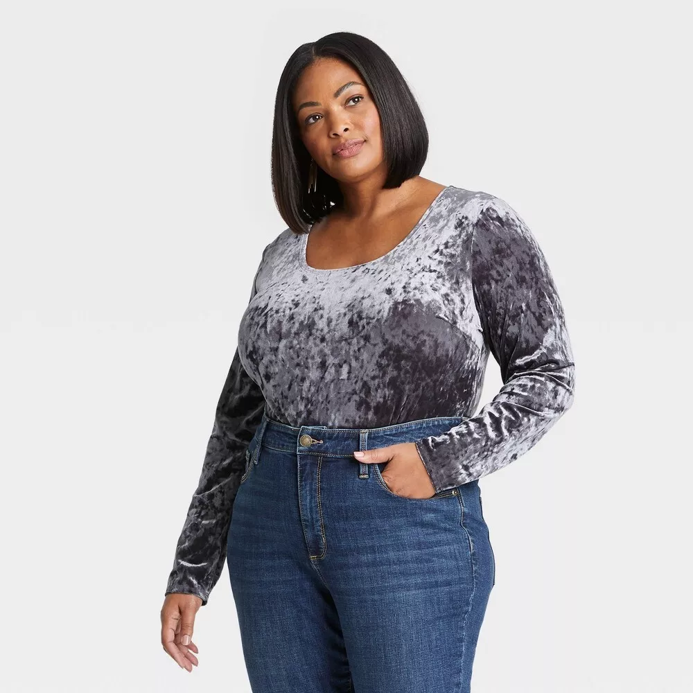 Women's Plus Size 2X Velvet Long Sleeve Body Suit - Ava & Viv